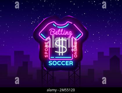 Neon-Schild für Wetten auf Fußball. Logo für Fußballwetten im Neon-Stil, T-Shirt-Konzept, leichtes Banner, Sportwetten bei Bright Night, Design-Elefanten Stock Vektor