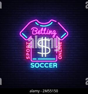 Neon-Schild für Wetten auf Fußball. Logo für Fußballwetten im Neon-Stil, T-Shirt-Konzept, leichtes Banner, Sportwetten bei Bright Night, Design-Elefanten Stock Vektor