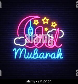 Eid Mubarak Neonschild. Vektorkalligraphie mit Mond, Begrüßung mit islamischem Feiertag, Grußkarten-Design-Vorlage im modernen Neonstil, festlicher Islami Stock Vektor