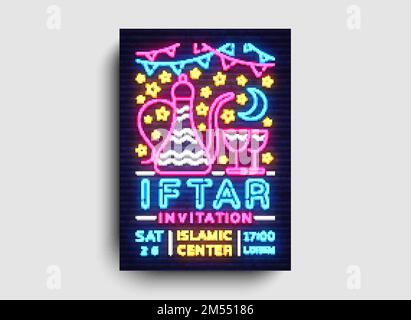 Vektor für die Designvorlage für Iftar-Partyeinladungen. Iftar Party Flyer moderner Stil, Neon Stil, helles Banner, helle festliche Werbung für Islami Stock Vektor