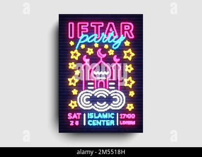 Vektor für die Designvorlage für Iftar-Partyeinladungen. Iftar Party Flyer moderner Stil, Neon Stil, helles Banner, helle festliche Werbung für Islami Stock Vektor