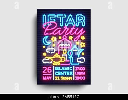 Iftar Party-Einladungen Poster Vektorvorlage Design. Helle islamische Karte im modernen Trend-Neon-Stil, helles Banner, islamische Feier Stock Vektor