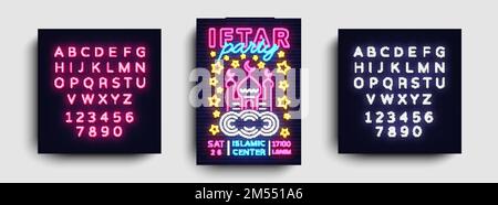Vektor für die Designvorlage für Iftar-Partyeinladungen. Iftar Party Flyer moderner Stil, Neon Stil, helles Banner, helle festliche Werbung für Islami Stock Vektor