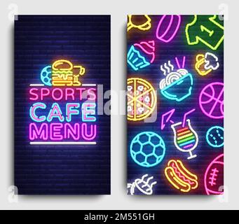 Sport Cafe Menü Vertikale Banner. Designvorlage, Sports Cafe Menü Neonschild, Neonhintergrund, helles Banner, helle Werbung, Broschüre Speisekarte f Stock Vektor