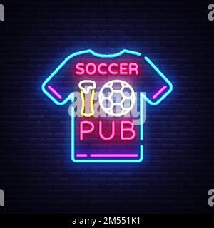 Fußball-Pub Neon Sign Vector. Fußball-Pub-Logo Neon, T-Shirt-Konzept, helles Schild, helles Plakat, Nachtneon-Werbung, Sportbar, Pub, Dini Stock Vektor