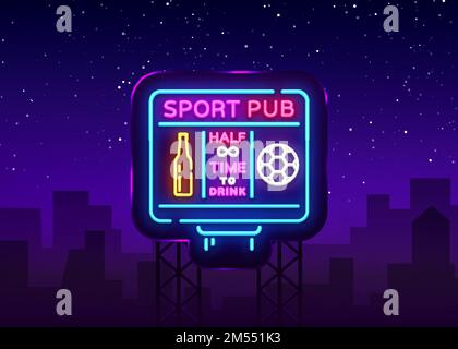 Sportbar Logo Neon Vektor. Sport Pub Neonschild, Fußball Scoreboard Konzept, Nachtleben helles Schild für Sport Pub, Bar, Fan Club, Speisesaal, Stock Vektor