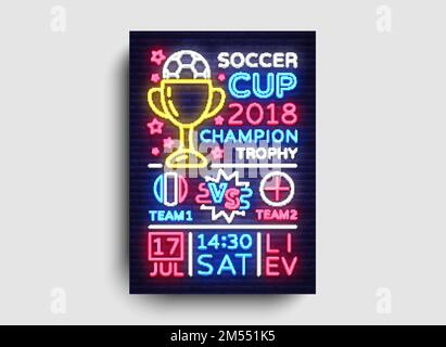 Fussballturnier – Flyer-Vektor. Poster zur Fußball-Europameisterschaft, Neonschild, Design-Vorlage für Fußballbroschüre, Einladung zum Fußball-Cup, Stock Vektor