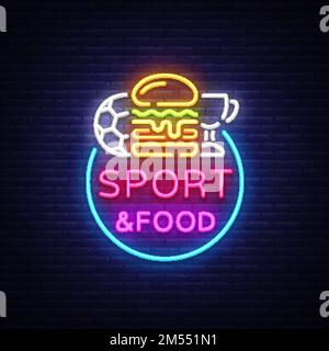 Neonschild-Vektor Für Sportnahrung. Sportnahrungslogo im Neonstil, helles Schild, helle Plakatwand, Nachtneonwerbung, Sportbar, Pub, Esszimmer, Stock Vektor