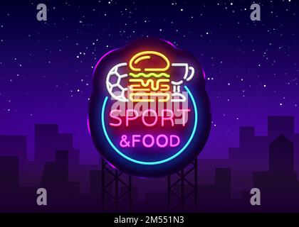 Neonschild-Vektor Für Sportnahrung. Sportnahrungslogo im Neonstil, helles Schild, helle Plakatwand, Nachtneonwerbung, Sportbar, Pub, Esszimmer, Stock Vektor