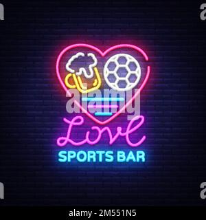 Sportbar Logo Neon Vektor. Sports Pub Neon-Schild, I love Bier and Soccer Konzept, Nachtleben, helles Schild für Sports Pub, Bar, Fan Club, Dining Ro Stock Vektor