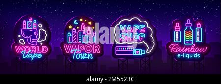 Vape-Shop Neon-Zeichen-Sammlung Vektor. Vaping Store Logos Set Emblem Neon, sein Vapor Shop Konzept Vapor Town, Rainbow E-Liquids. Trendige Designer-Elefanten Stock Vektor