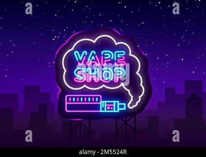 Vape-Shop-Logo Neon Vector. Vape Neon-Zeichen-Design-Vorlage auf Themen elektronische Zigaretten, Lichtbanner, nächtliche helle Werbung für Vaping Store, TR Stock Vektor