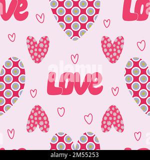 Liebesmuster mit handgezeichneten Herzen und WORTLIEBE. Stock Vektor