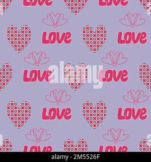 Liebesmuster mit handgezeichneten Herzen und handgeschriebener WORTLIEBE. Stock Vektor