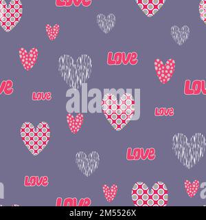Liebesmuster auf violettem Hintergrund mit handgezeichneten Herzen und WORTLIEBE. Stock Vektor