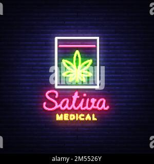 Marihuana Medical Logo Neon Vector. Sativa Medical, Rauchen von Marijuana, Lagerung und Kultivierung von medizinischen Geräten von Cannabino, Lichtbanner, Design te Stock Vektor