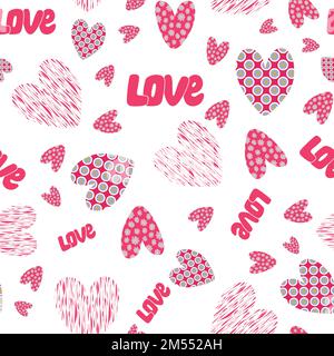 Liebesmuster mit handgezeichneten Herzen und WORTLIEBE. Stock Vektor