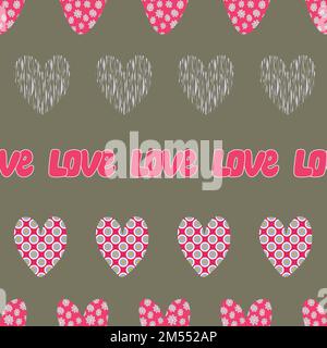 Gestreiftes nahtloses, handgezeichnetes Valentinstagsmuster. Von Hand gezeichnete Herzen und WORTSCHWÄRZE stehen bereit. Stock Vektor