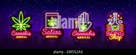 Marihuana Medical Collection Neonschild und Logo, Grafikvorlage in modernem Trendstil. Sativa Medical, Cannabis ist ein organischer Hanf. Grüne Farm Vecto Stock Vektor