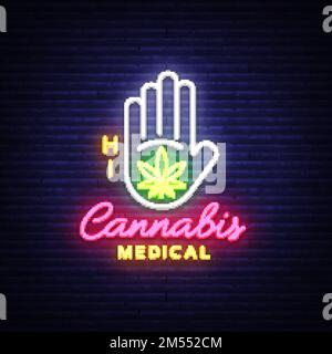 Medizinisches Marihuana-Neonschild und -Logo, Grafikvorlage im modernen Trendstil. Cannabis ist ein organischer Hanf. Grüne Farm Vektorbilder. Stock Vektor