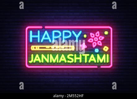 Fröhliche Janmashtami-Grußkarte Neon. Vektorvorlage für modernes Trenddesign. Grußkarte zu Krishnas Geburtstag. Illustration der indischen Com Stock Vektor