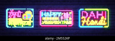 Happy Janmashtami Vektor Grußkarten Sammlung Neon. Vektorvorlage für modernes Trenddesign. Indischer Text, Übersetzung: Happy Janmashtami. Dahi Handy, Stock Vektor