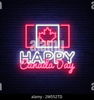 „Happy Canada Day“-Grußkarte Design-Vorlage mit modernem Trendstil. Kanadischer Tag Neonschild, Lichtbanner. 1. Juli Kanadischer Tag. Vektordarstellung. Stock Vektor