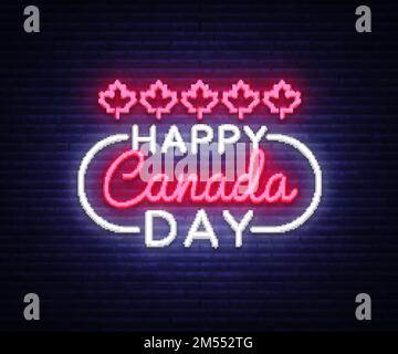 „Happy Canada Day“-Grußkarte Design-Vorlage mit modernem Trendstil. Kanadischer Tag Neonschild, Lichtbanner. 1. Juli Kanadischer Tag. Vektordarstellung. Stock Vektor
