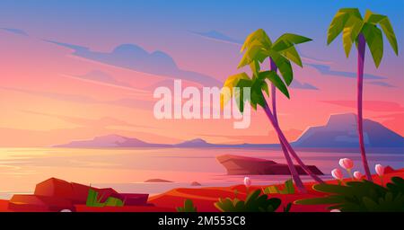 Sonnenuntergang oder Sonnenaufgang am Strand, tropische Landschaft mit Palmen und wunderschönen Blumen am Meer unter rosa bewölktem Himmel. Idyllisches Paradies am Abend oder Morgen, Insel im Meer, Cartoon-Vektordarstellung Stock Vektor