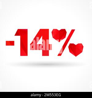 Sonderangebot - 14% Sale Happy Valentine's Day, Prozentzeichen mit Facettenherzen. Vektorbilddesign für Mode-Rabattbanner Valentine. Stock Vektor