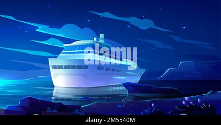 Kreuzfahrtschiff im Meer bei Nacht. Modernes Schiff, luxuriöses Segelboot mit glühenden Bullaugen im Seehafen im tropischen Land. Passagierschiff auf dunkler Wasseroberfläche im Sommer, Cartoon-Vektordarstellung Stock Vektor