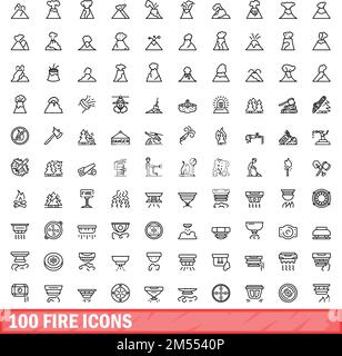 100 Feuersymbole eingestellt. Umrissdarstellung von 100 Brandsymbolen, Vektorsatz isoliert auf weißem Hintergrund Stock Vektor