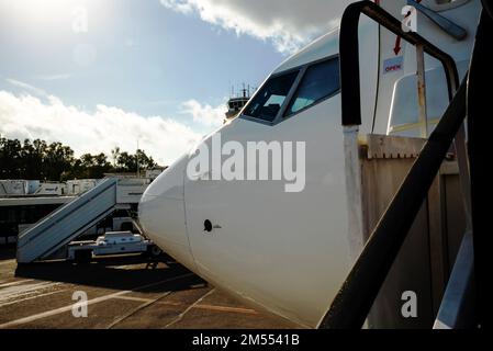 Kerkyra, Griechenland - 09 29 2022: Blick auf den Flughafen Korfu auf der weißen Nase von Boeing bei sonnigem Wetter. Stockfoto