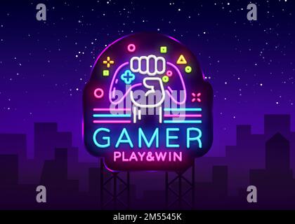 Gamer Play Win Logo Neon Logo Vector Logo Designvorlage. Game Night Logo im Neon-Stil, Gamepad in der Hand, modernes Trenddesign, helles Banner, Bright n Stock Vektor
