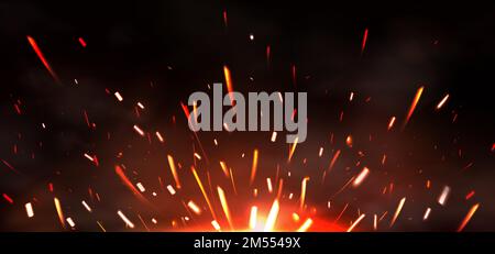 Funkenbildung auf schwarzem Hintergrund durch Schweißen isoliert. Vektorrealistischer Reflexeffekt von Metallschweiß- oder Schmiedearbeiten. Fliegende glühende Partikel und Rauch von Industriebetrieben mit Stahl oder brennendem Feuer Stock Vektor