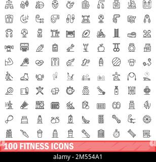 100 Fitnesssymbole. Gliederungsdarstellung von 100-Fitnesssymbolen, Vektorsatz isoliert auf weißem Hintergrund Stock Vektor