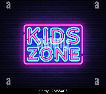 Kinderzone Neon-Zeichen-Vektor. Kids Zone Designvorlage Neon-Schild, helles Banner, Neon-Schild, nächtliche helle Werbung, leichte Inschrift. Vektor i Stock Vektor
