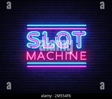 Slot Machine Signature Vector Design-Vorlage. Slot Machine Neon Logo, helles Banner Designelement farbenfroher moderner Designtrend, Nachtwerbung, Stock Vektor