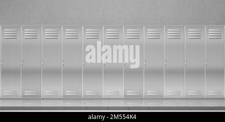 Stahlschließfächer im Schulflur oder Umkleideraum im Fitnessraum. Vektorrealistisches Interieur mit einzelnen Metallschränken mit geschlossenen Türen im Sport- oder Fitnessclub. Sicherheitsaufbewahrung im öffentlichen Raum Stock Vektor