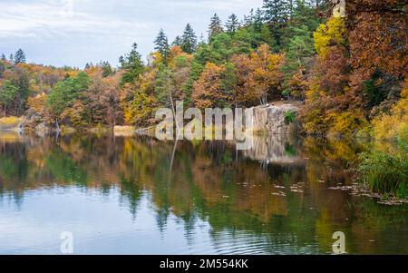 Monticolo-See in der Herbstsaison - Appiano in Südtirol, Provinz Bozen, Trentino Südtirol, Italien, Europa - Stockfoto