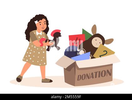 Aktion für Kinder.Kinder helfen Kindern. Girl Taking Free Toys aus Spendenbox, Children Social Support and Assistance Concept. Humanitäre Hilfe für arme Kinder. Cartoon People Flat Vector Illustration Stock Vektor