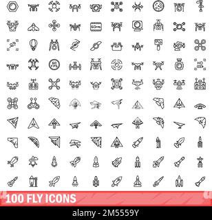 100 Fliegensymbole eingestellt. Umreißen Abbildung von 100 fliegen Symbole Vektor-Set isoliert auf weißem Hintergrund Stock Vektor