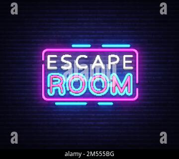 Escape Room Neonzeichen Vektor. Escape Room Design-Vorlage Neonschild, helles Banner, Neonschild, nächtliche helle Werbung, helle Beschriftung. Vec Stock Vektor