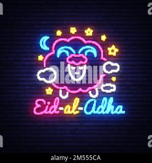 Festliche Eid-Al-Adha-Kartenvorlage im modernen Trendstil. Neon-Stil, islamischer und arabischer Hintergrund für den Urlaub der muslimischen Gemeinde. Kur Stock Vektor