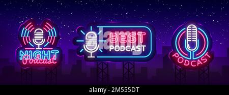 Podcast Neon Sign Collection Vector Design Template. Podcast Neon Logo, helles Banner Designelement farbenfroher moderner Designtrend, Nachtwerbung Stock Vektor