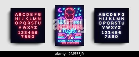 Boxposter Neonvektor. Design-Vorlage für Boxnacht, Broschüre mit leuchtenden Neonfarben, modernes Trenddesign, helles Banner, typografische Einladung zum Boxen Stock Vektor