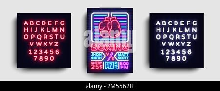 Boxposter Neonvektor. Design-Vorlage für Boxnacht, Broschüre mit leuchtenden Neonfarben, modernes Trenddesign, helles Banner, typografische Einladung zum Boxen Stock Vektor