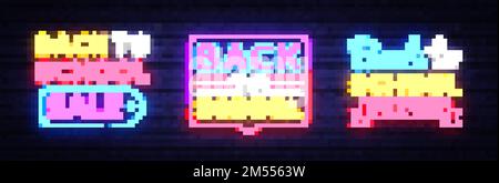 Zurück zur Schule Neon-Zeichen-Sammlungsvektor. Back to School Grußkarte Design-Vorlage Neonschild, helles Banner, Neonschild, nächtliche helle Anzeige Stock Vektor