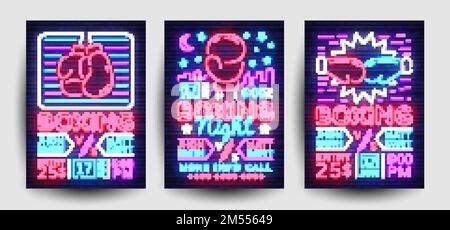 Design-Vorlage für die Boxing Flyer Kollektion. Banner mit Nachtlicht, Einladung zu Design Boxing Match, Neon Style, Bright Brochure, Typografie, Bright Ne Stock Vektor