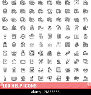 100-Hilfesymbole festgelegt. Gliederungsdarstellung der 100-Hilfesymbole Vektorsatz isoliert auf weißem Hintergrund Stock Vektor
